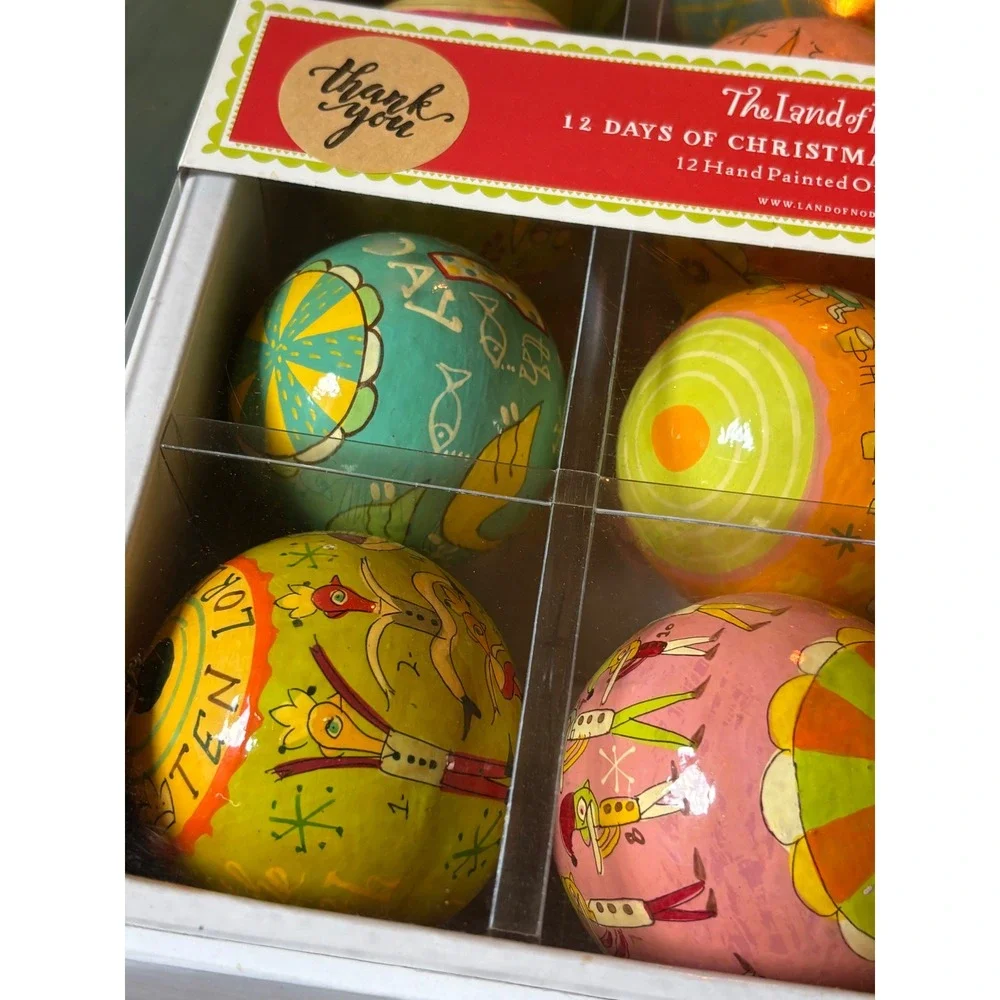NIB The Land of Nod 12 Days of Christmas Hand Painted Ornaments Colorful Set 12